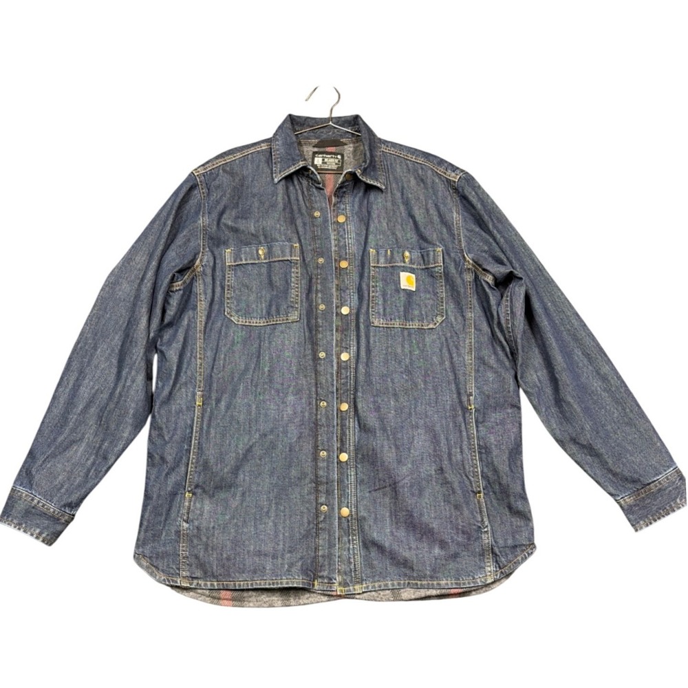 Carhartt Shirt Jacket Mens L Tall Blue Denim TJ5605-M Blanket Lined Workwear
